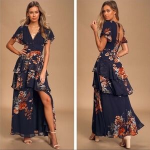 Lulus NWT Midnight Mood Navy Blue Floral Print Tiered Maxi Dress Size Large